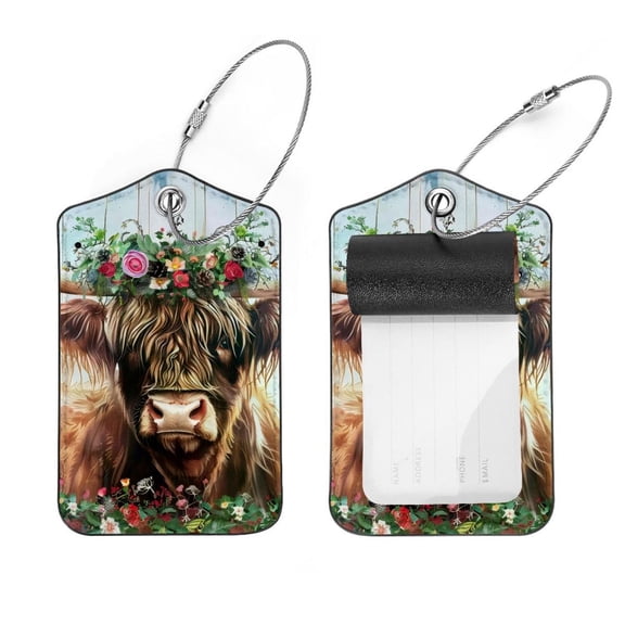 PhooArto 2 Pcs Luggage Tags, Cow with Floral Wreath Privacy Cover ID Label with Stainless Steel Loop and Address Card for Travel Bag Suitcase
