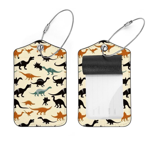 PhooArto 2 Pcs Luggage Tags, Cute Dinosaur Silhouettes Pattern Privacy Cover ID Label with Stainless Steel Loop and Address Card for Travel Bag Suitcase