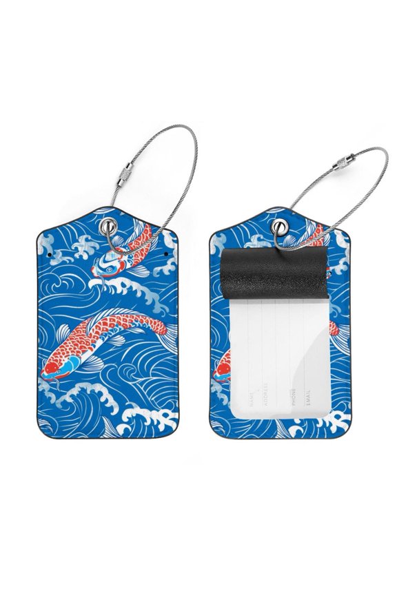 2 Pcs Luggage Tags, Cute Fish Koi Blue Wave Pattern Privacy Cover ID Label with Stainless Steel Loop and Address Card for Travel Bag Suitcase