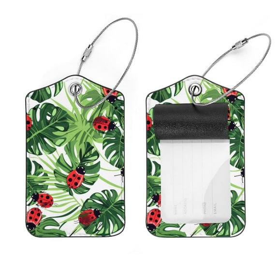 PhooArto 2 Pcs Luggage Tags, Cute Ladybugs Palm Leaf Pattern Privacy Cover ID Label with Stainless Steel Loop and Address Card for Travel Bag Suitcase