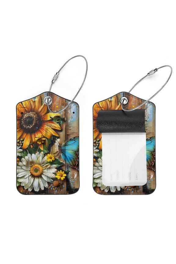 2 Pcs Luggage Tags, Daisy Sunflower Butterfly on Wooden Privacy Cover ID Label with Stainless Steel Loop and Address Card for Travel Bag Suitcase