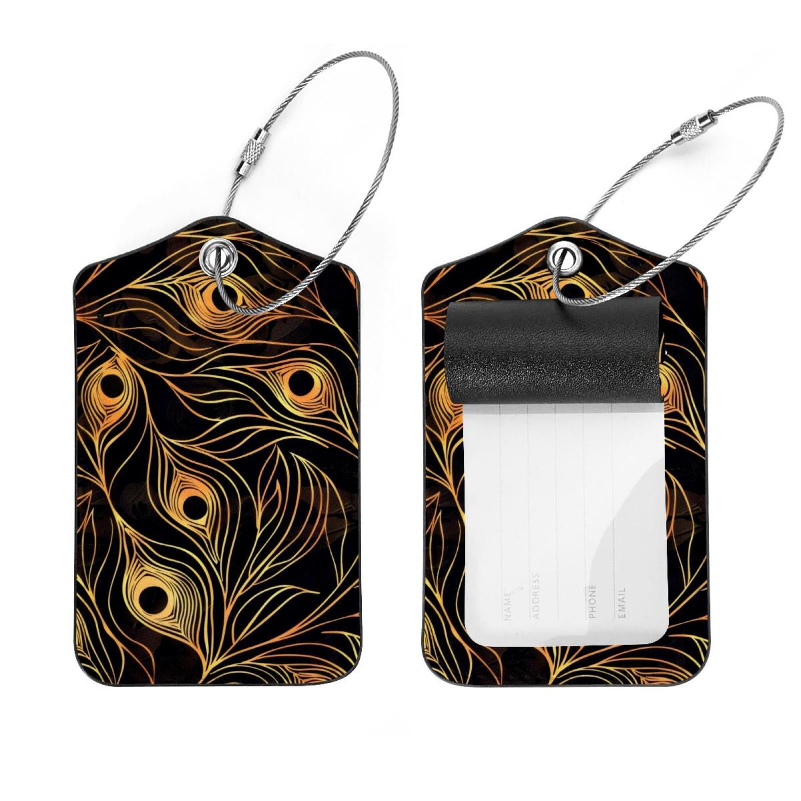PhooArto 2 Pcs Luggage Tags, Peacock Feather Golden Patterns Privacy ...