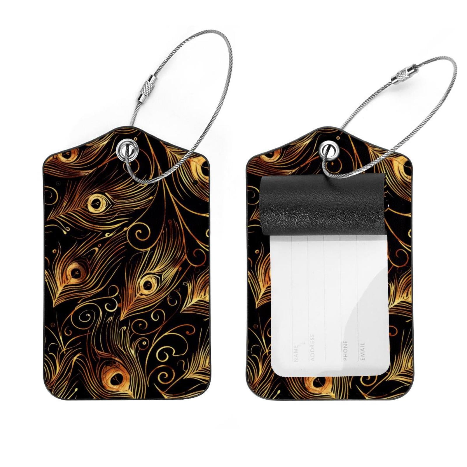 PhooArto 2 Pcs Luggage Tags, Peacock Feathers Golden Pattern Privacy ...