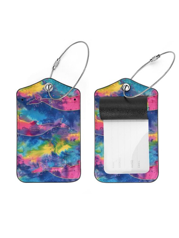 2 Pcs Luggage Tags, Rainbow Tie Dye Whale Pattern Privacy Cover ID Label with Stainless Steel Loop and Address Card for Travel Bag Suitcase