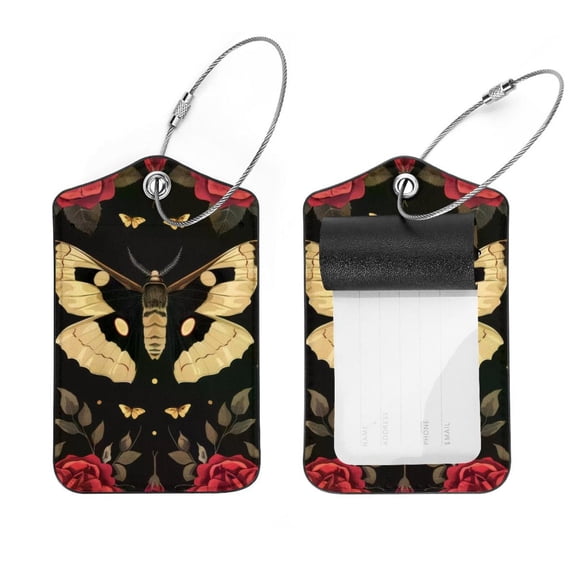 PhooArto 2 Pcs Luggage Tags, Rose Flower Hawk Moth Pattern Privacy Cover ID Label with Stainless Steel Loop and Address Card for Travel Bag Suitcase