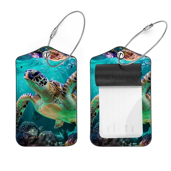 PhooArto 2 Pcs Luggage Tags, Sea Turtle Swimming Underwater Privacy Cover ID Label with Stainless Steel Loop and Address Card for Travel Bag Suitcase