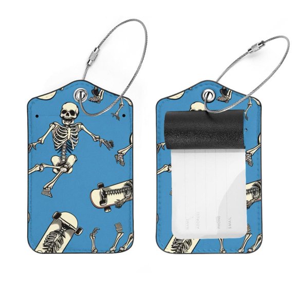 PhooArto 2 Pcs Luggage Tags, Skeleton Skateboard Pattern Privacy Cover ID Label with Stainless Steel Loop and Address Card for Travel Bag Suitcase