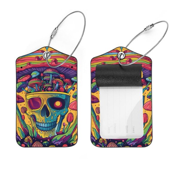 PhooArto 2 Pcs Luggage Tags, Skull Rainbow Mushrooms Privacy Cover ID Label with Stainless Steel Loop and Address Card for Travel Bag Suitcase