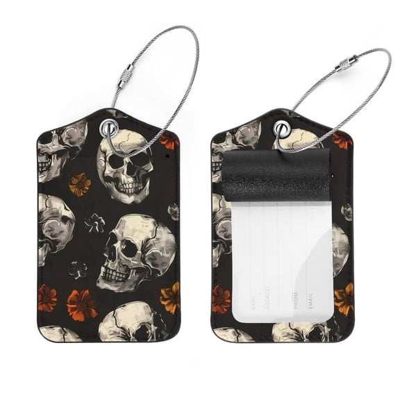 PhooArto 2 Pcs Luggage Tags, Skull and Flowers Privacy Cover ID Label with Stainless Steel Loop and Address Card for Travel Bag Suitcase