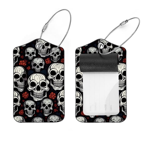 PhooArto 2 Pcs Luggage Tags, Skulls Head Pattern Privacy Cover ID Label with Stainless Steel Loop and Address Card for Travel Bag Suitcase