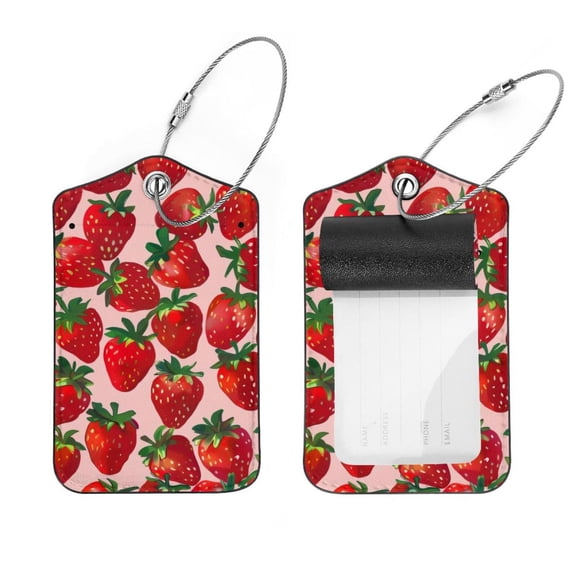 PhooArto 2 Pcs Luggage Tags, Strawberries Pink Pattern Privacy Cover ID Label with Stainless Steel Loop and Address Card for Travel Bag Suitcase