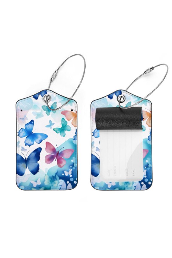 2 Pcs Luggage Tags, Watercolor Blue Butterflies Pattern Privacy Cover ID Label with Stainless Steel Loop and Address Card for Travel Bag Suitcase