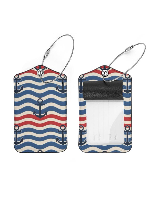 2 Pcs Luggage Tags, Wave Stripes Blue Anchor Pattern Privacy Cover ID Label with Stainless Steel Loop and Address Card for Travel Bag Suitcase