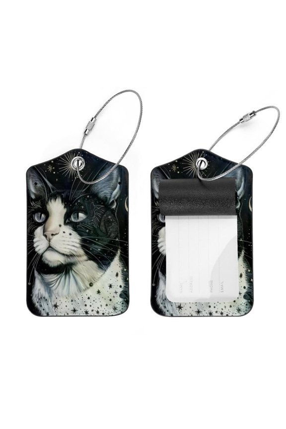 2 Pcs Night Star Moon Cat Luggage Tag for Suitcases, Leather Baggage Tags Identifiers for Travel, Stainless Steel Loop Name ID Label for Women Bag Backpack