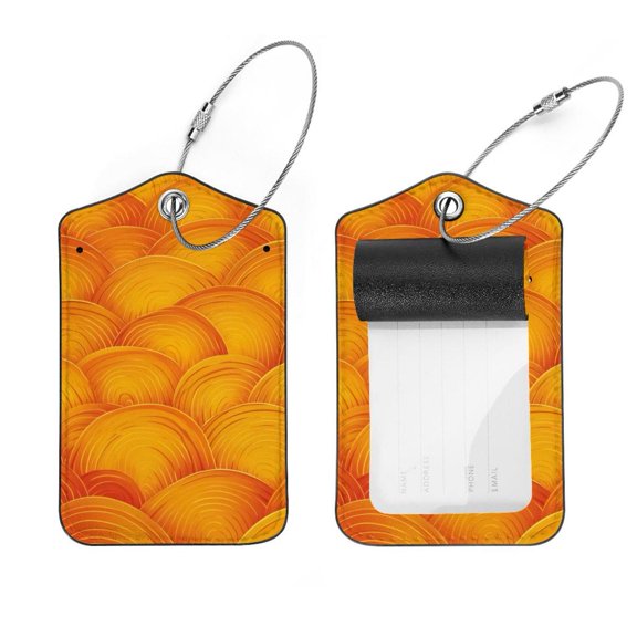 PhooArto 2 Pcs Orange Wave Pattern Luggage Tag for Suitcases, Leather Baggage Tags Identifiers for Travel, Stainless Steel Loop Name ID Label for Women Bag Backpack