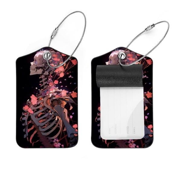 PhooArto 2 Pcs Pink Flower Skeleton Luggage Tag for Suitcases, Leather Baggage Tags Identifiers for Travel, Stainless Steel Loop Name ID Label for Women Bag Backpack