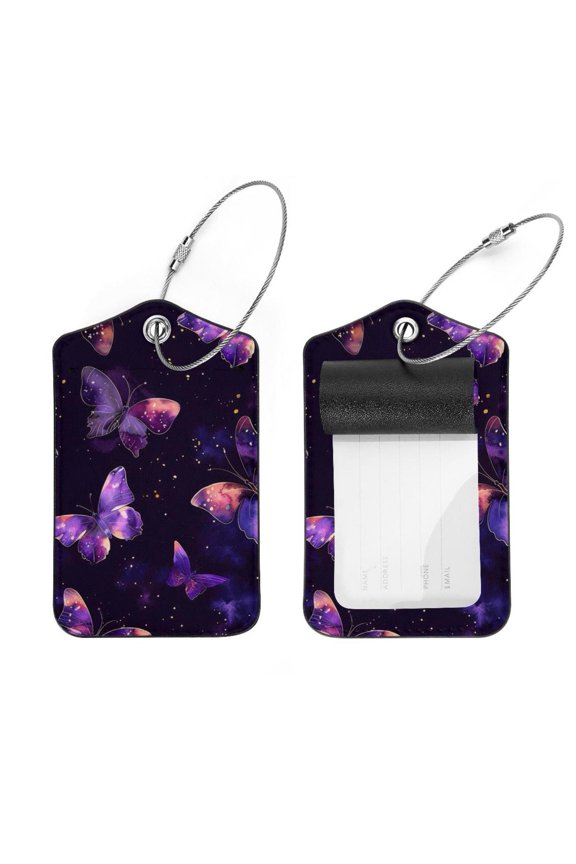 2 Pcs Purple Galaxy Butterflies Pattern Luggage Tag for Suitcases, Leather Baggage Tags Identifiers for Travel, Stainless Steel Loop Name ID Label for Women Bag Backpack