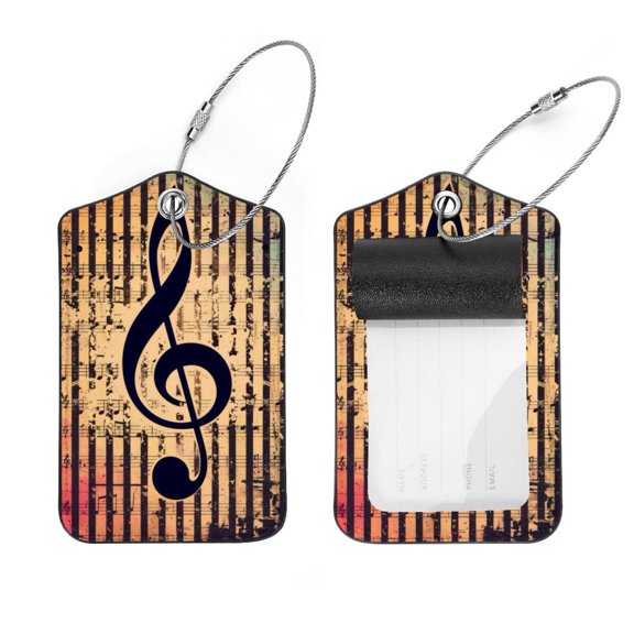 PhooArto 2 Pcs Retro Music Note Luggage Tag for Suitcases, Leather Baggage Tags Identifiers for Travel, Stainless Steel Loop Name ID Label for Women Bag Backpack