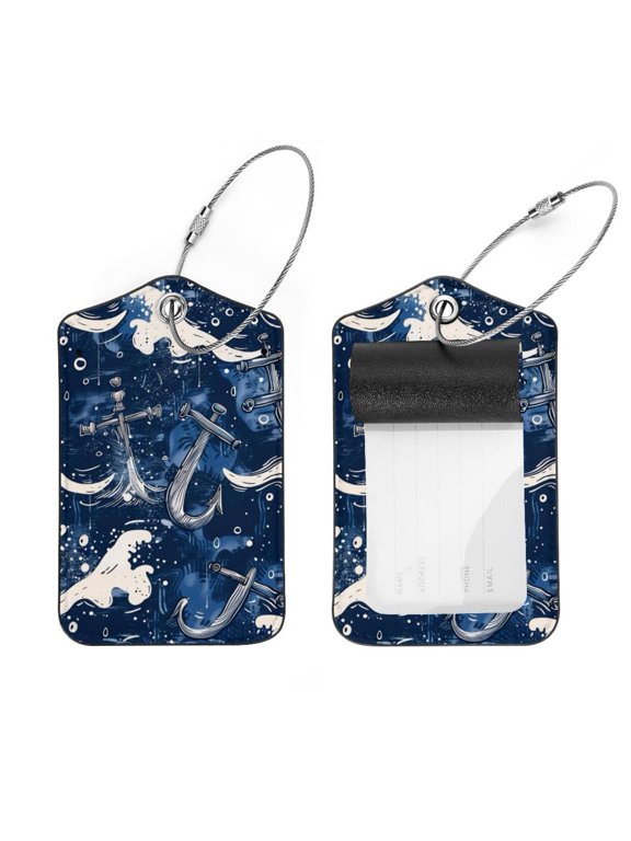 2 Pcs Sea Pattern Anchors Waves Splashes Luggage Tag for Suitcases, Leather Baggage Tags Identifiers for Travel, Stainless Steel Loop Name ID Label for Women Bag Backpack