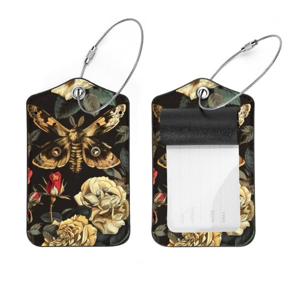 PhooArto 2 Pcs Skull Hawk Moth Rose Flower Luggage Tag for Suitcases, Leather Baggage Tags Identifiers for Travel, Stainless Steel Loop Name ID Label for Women Bag Backpack