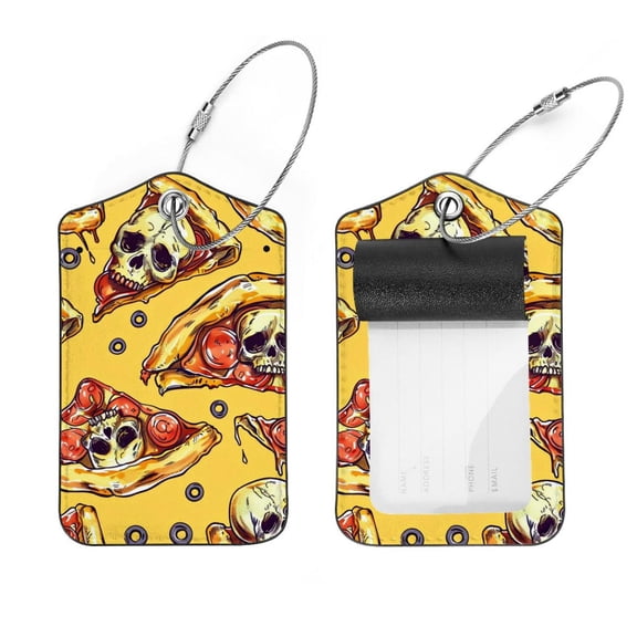PhooArto 2 Pcs Skull Pizza Pattern Luggage Tag for Suitcases, Leather Baggage Tags Identifiers for Travel, Stainless Steel Loop Name ID Label for Women Bag Backpack