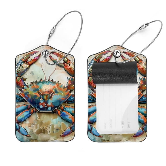 PhooArto 2 Pcs Vintage Ocean Crab Luggage Tag for Suitcases, Leather Baggage Tags Identifiers for Travel, Stainless Steel Loop Name ID Label for Women Bag Backpack