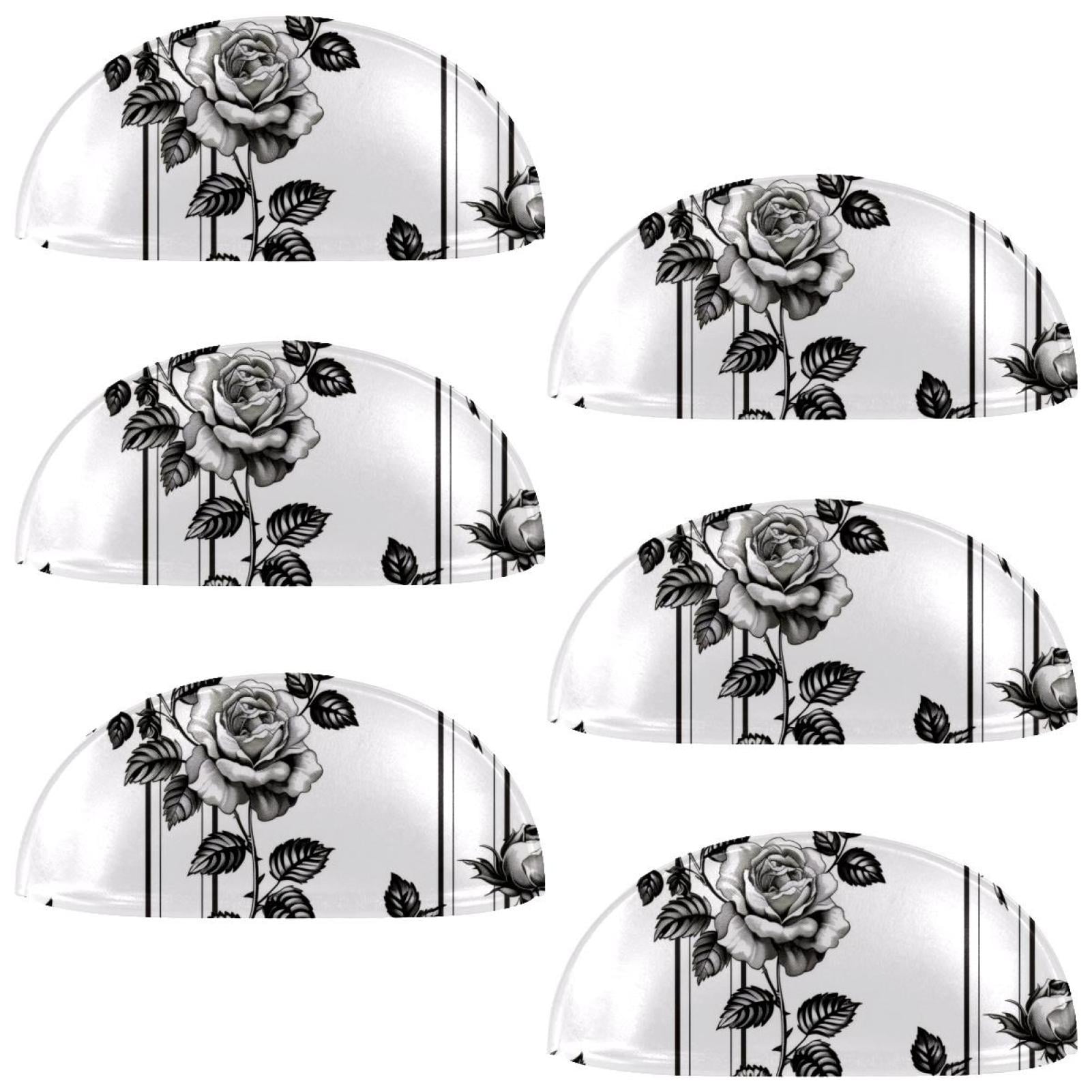 PhooArto 6 Pcs Cup Drawer Pulls, Black White Rose Pattern Shell Shape Handles Cabinet Knobs for Dresser Cupboard Closet Wardrobe with Screws