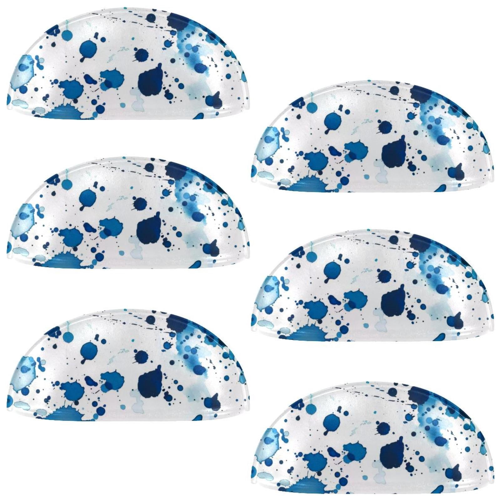 PhooArto 6 Pcs Cup Drawer Pulls, Blue Ink Splatter Dots Pattern Shell Shape Handles Cabinet Knobs for Dresser Cupboard Closet Wardrobe with Screws