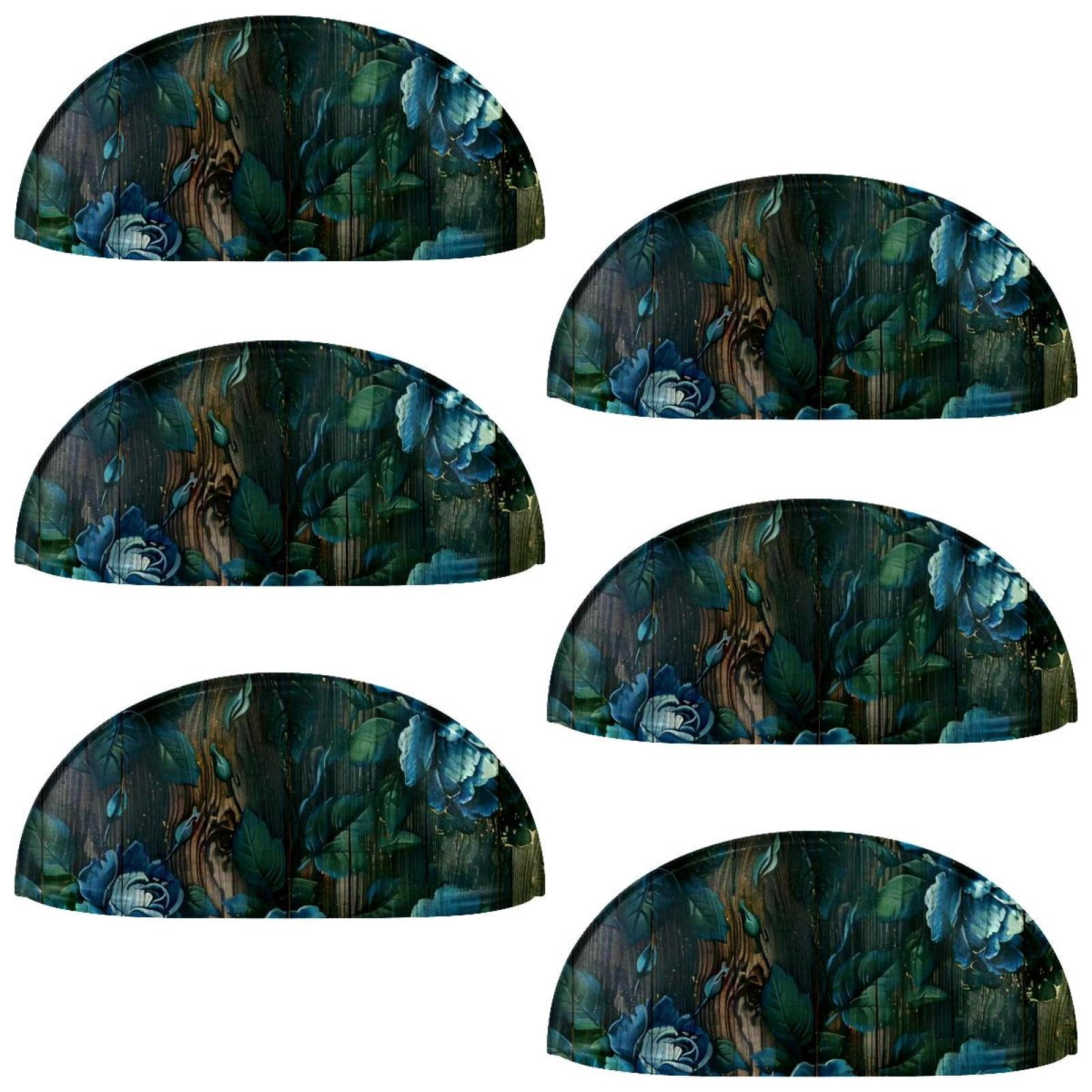 PhooArto 6 Pcs Cup Drawer Pulls, Blue Roses Pattern Rustic Wooden Shell Shape Handles Cabinet Knobs for Dresser Cupboard Closet Wardrobe with Screws