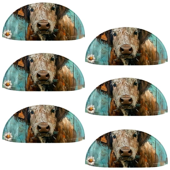 PhooArto 6 Pcs Cup Drawer Pulls, Cattle Rustic Highland Cow Teal Daisy Shell Shape Handles Cabinet Knobs for Dresser Cupboard Closet Wardrobe with Screws