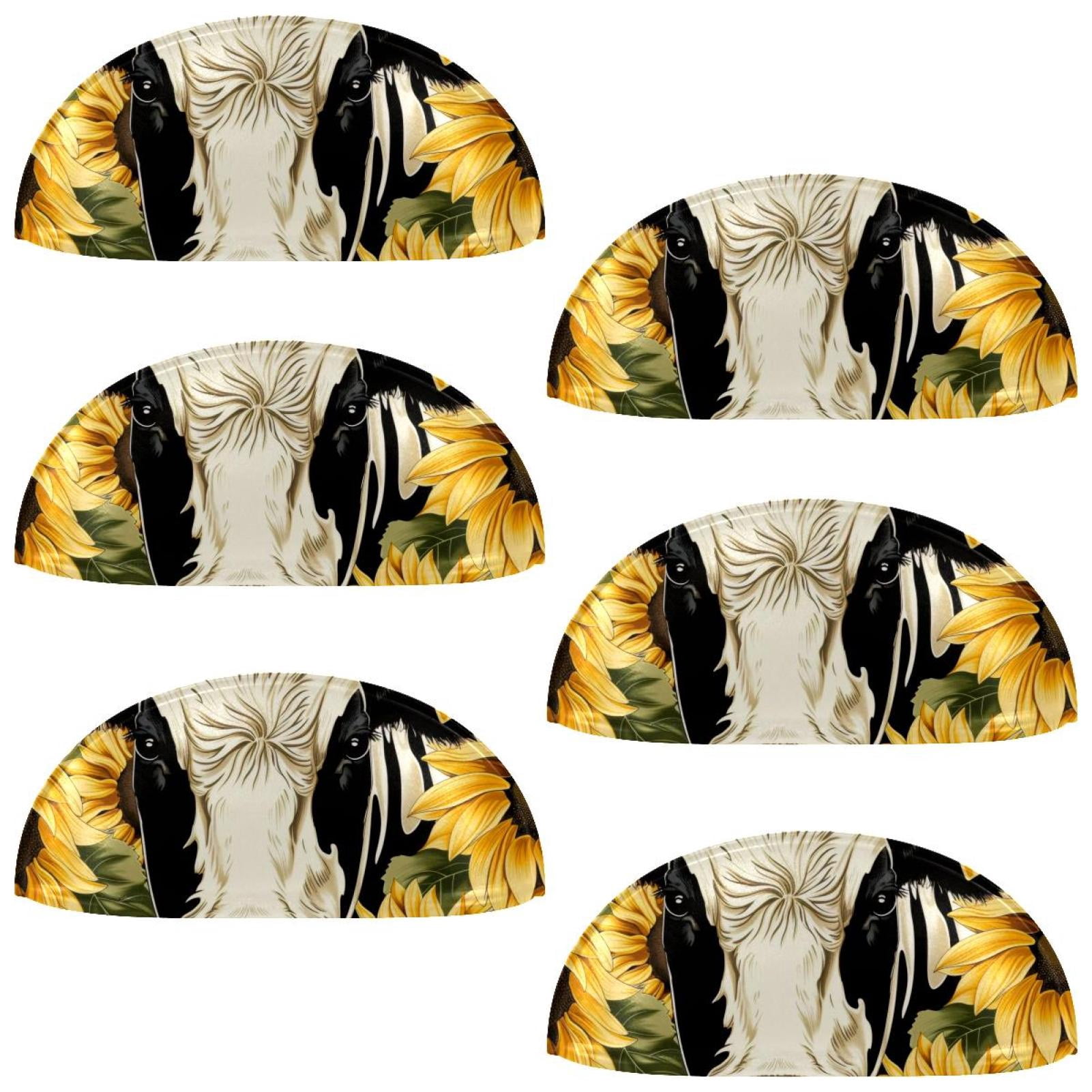 PhooArto 6 Pcs Cup Drawer Pulls, Cow Print Sunflowers Patterns Shell Shape Handles Cabinet Knobs for Dresser Cupboard Closet Wardrobe with Screws