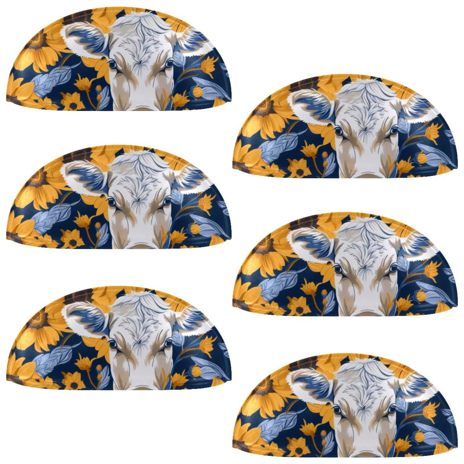 PhooArto 6 Pcs Cup Drawer Pulls, Cow Sunflowers Patterns Shell Shape Handles Cabinet Knobs for Dresser Cupboard Closet Wardrobe with Screws