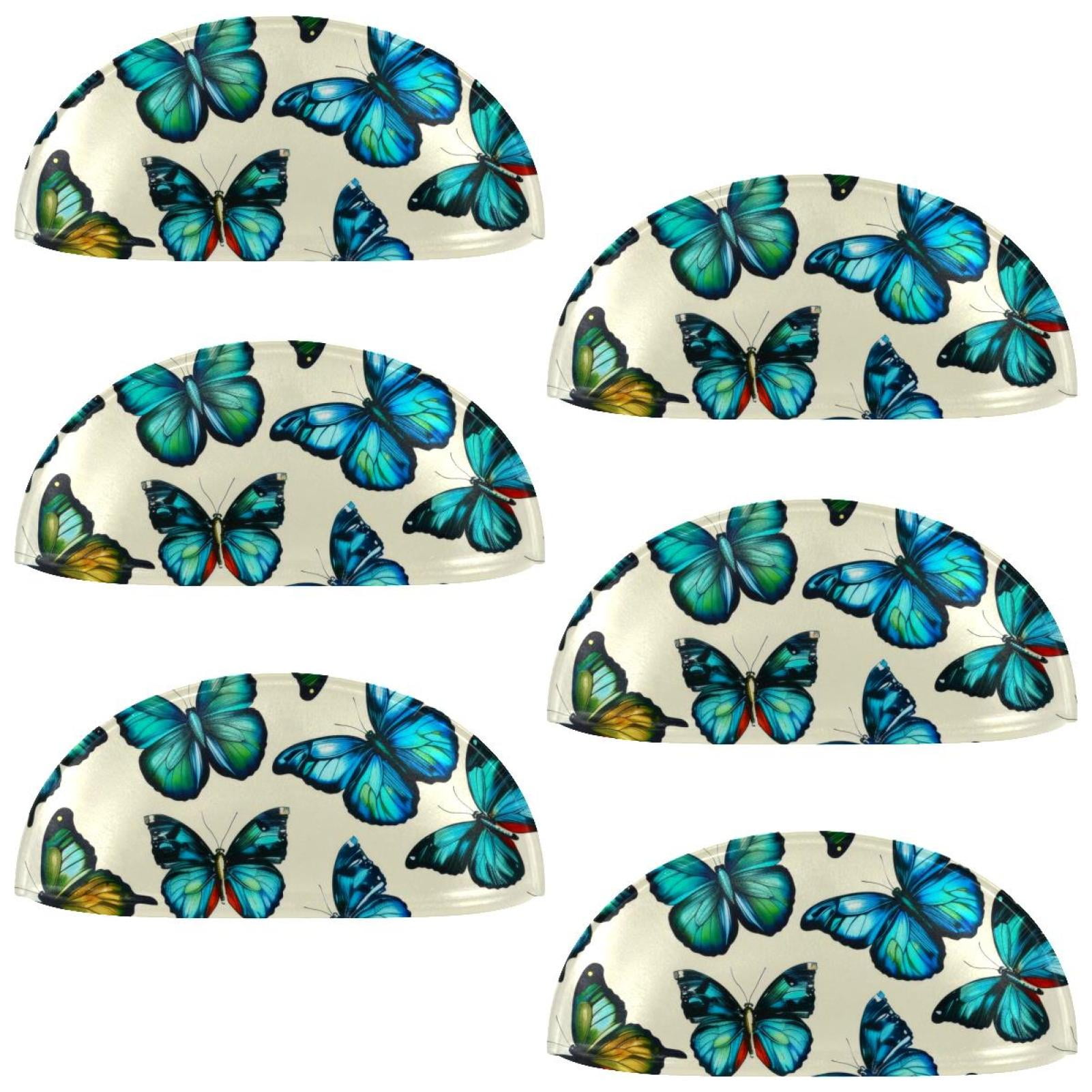 PhooArto 6 Pcs Cup Drawer Pulls, Green Blue Butterflies Pattern Shell Shape Handles Cabinet Knobs for Dresser Cupboard Closet Wardrobe with Screws