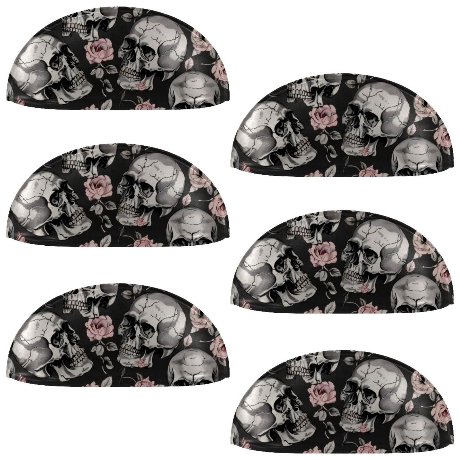 PhooArto 6 Pcs Cup Drawer Pulls, Grey Skull Pink Rose Pattern Shell Shape Handles Cabinet Knobs for Dresser Cupboard Closet Wardrobe with Screws