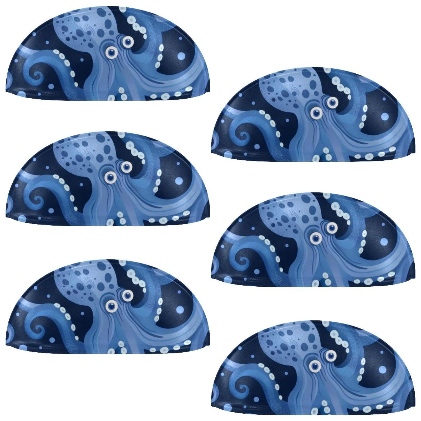 PhooArto 6 Pcs Cup Drawer Pulls, Octopus and Blue Wave Pattern Shell Shape Handles Cabinet Knobs for Dresser Cupboard Closet Wardrobe with Screws