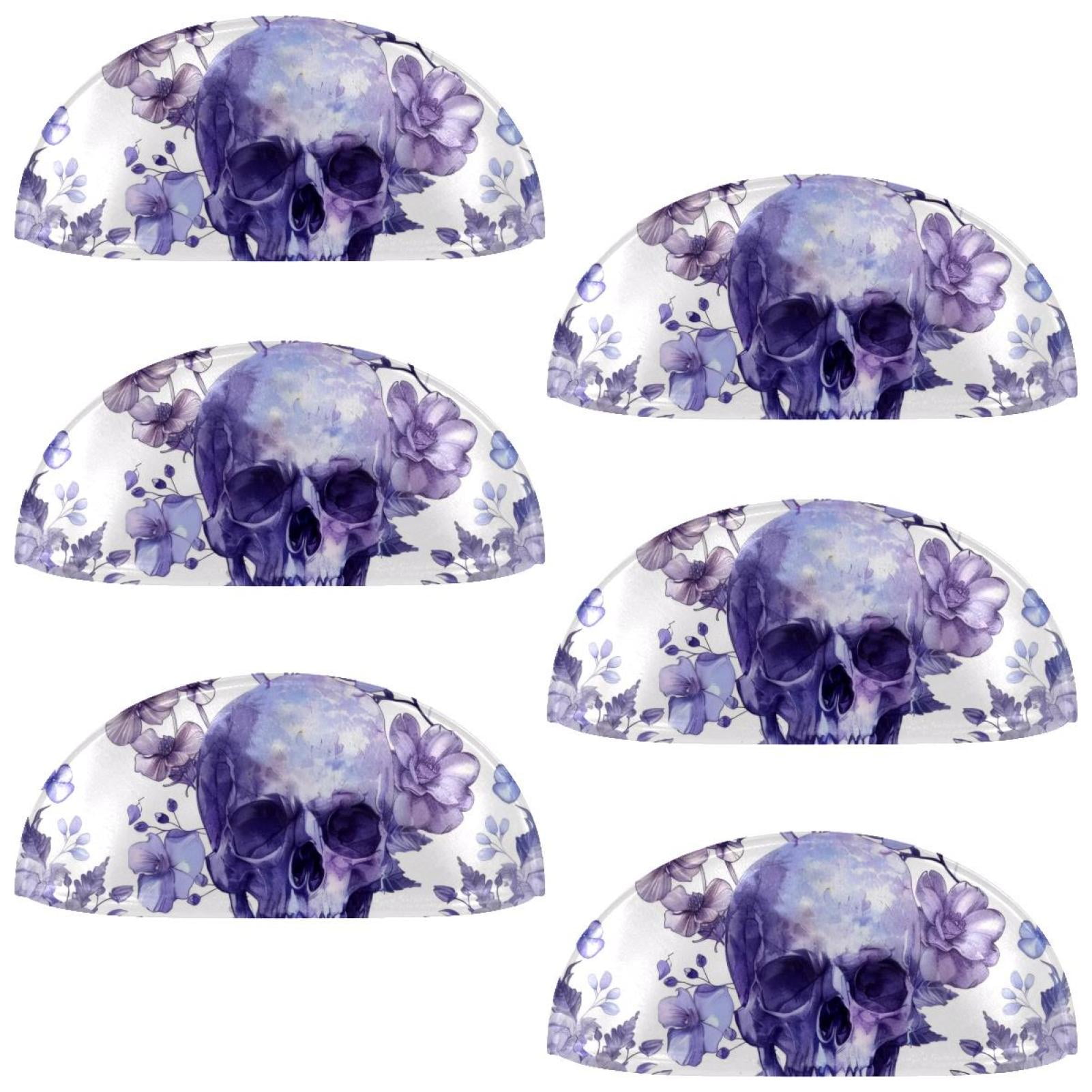 PhooArto 6 Pcs Cup Drawer Pulls, Purple Flower Skull Pattern Shell Shape Handles Cabinet Knobs for Dresser Cupboard Closet Wardrobe with Screws