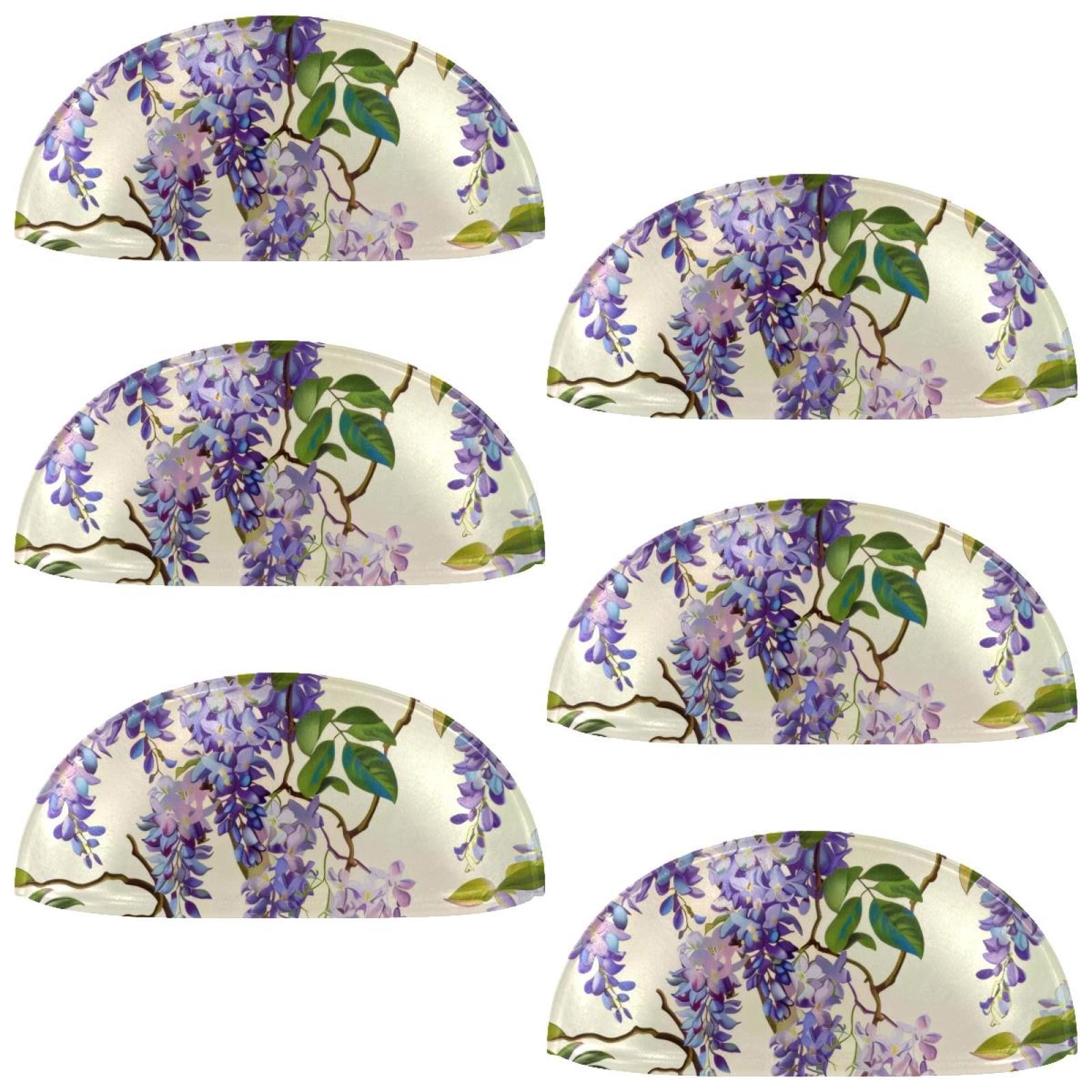 PhooArto 6 Pcs Cup Drawer Pulls, Purple Wisteria Flowers Pattern Shell Shape Handles Cabinet Knobs for Dresser Cupboard Closet Wardrobe with Screws
