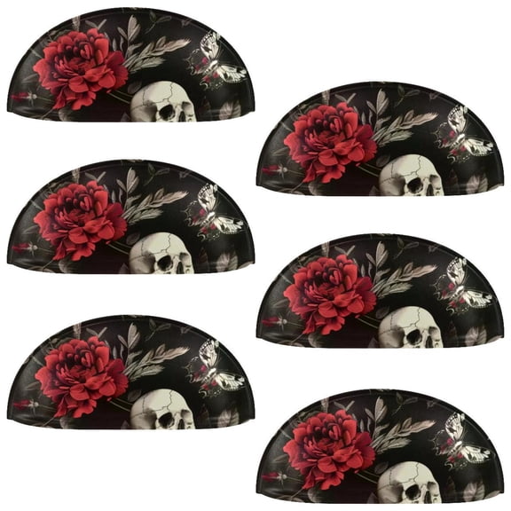 PhooArto 6 Pcs Cup Drawer Pulls, Red Rose Skull Hawk Moth Pattern Shell Shape Handles Cabinet Knobs for Dresser Cupboard Closet Wardrobe with Screws