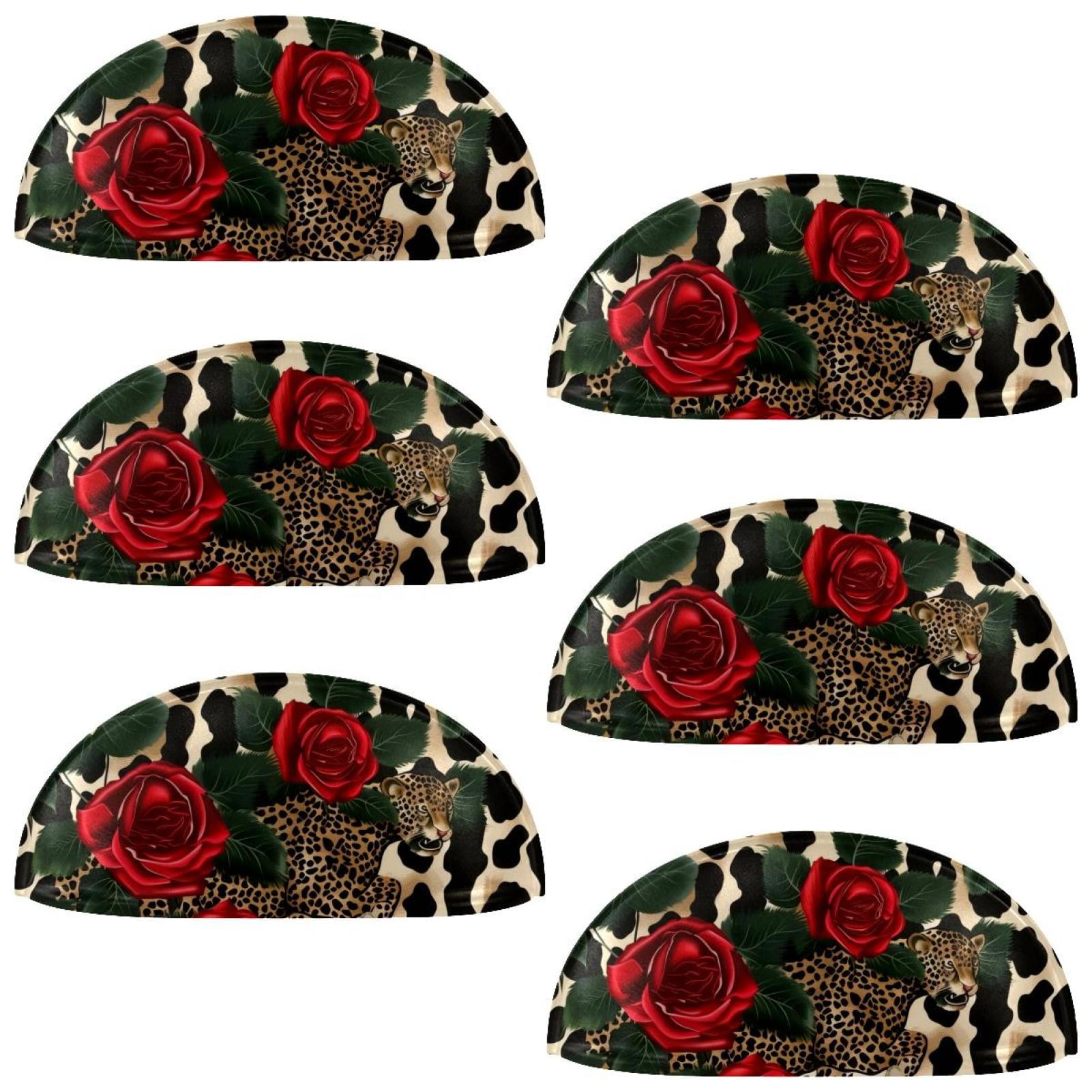 PhooArto 6 Pcs Cup Drawer Pulls, Red Roses and Leopard Print Shell Shape Handles Cabinet Knobs for Dresser Cupboard Closet Wardrobe with Screws
