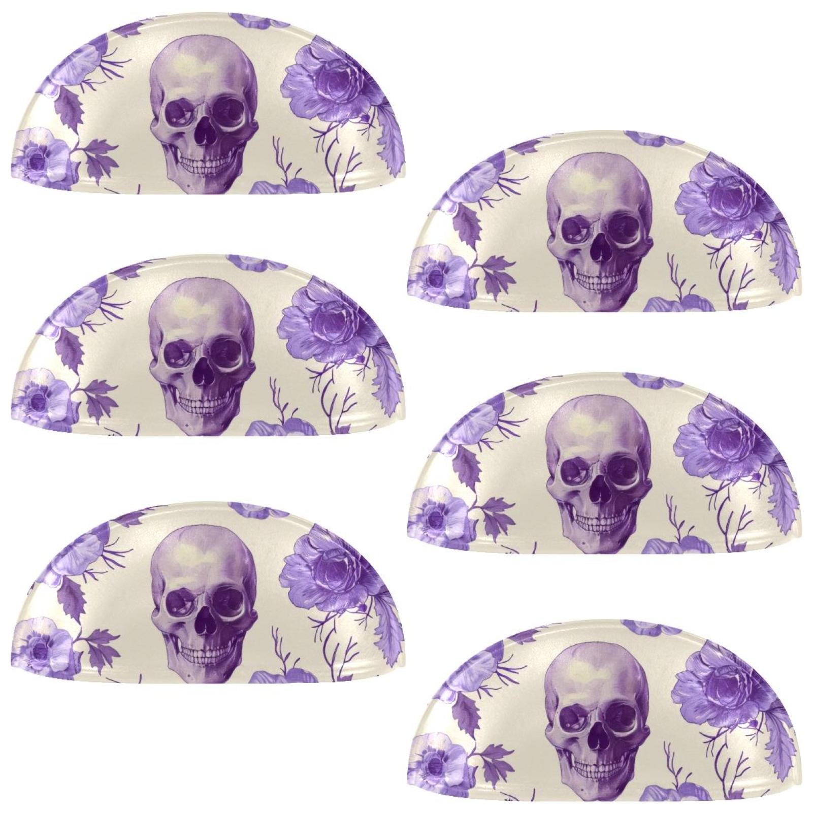 PhooArto 6 Pcs Cup Drawer Pulls, Skull Purple Flower Pattern Shell Shape Handles Cabinet Knobs for Dresser Cupboard Closet Wardrobe with Screws