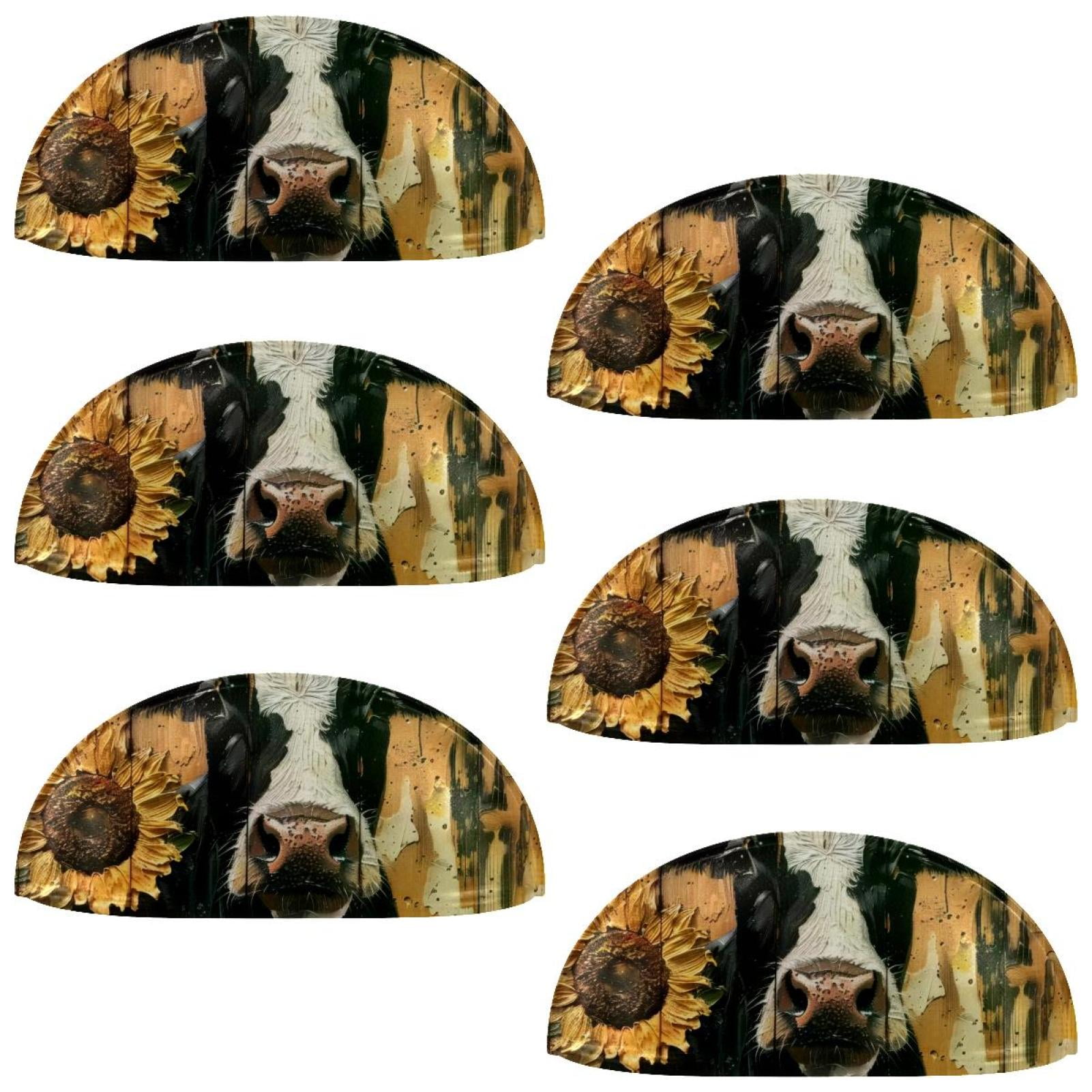 PhooArto 6 Pcs Cup Drawer Pulls, Sunflower Cow on Wooden Board Shell Shape Handles Cabinet Knobs for Dresser Cupboard Closet Wardrobe with Screws