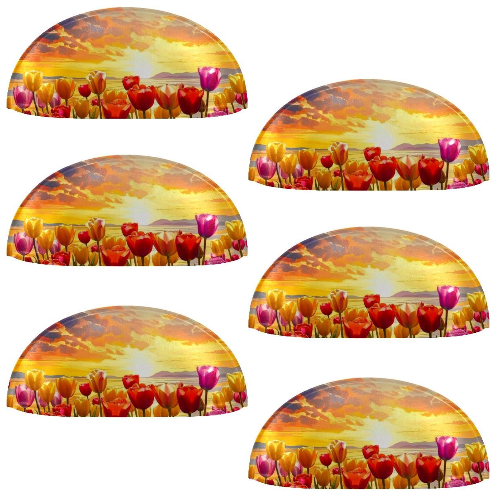 PhooArto 6 Pcs Cup Drawer Pulls, Sunset Tulip Floral Landscape Shell Shape Handles Cabinet Knobs for Dresser Cupboard Closet Wardrobe with Screws
