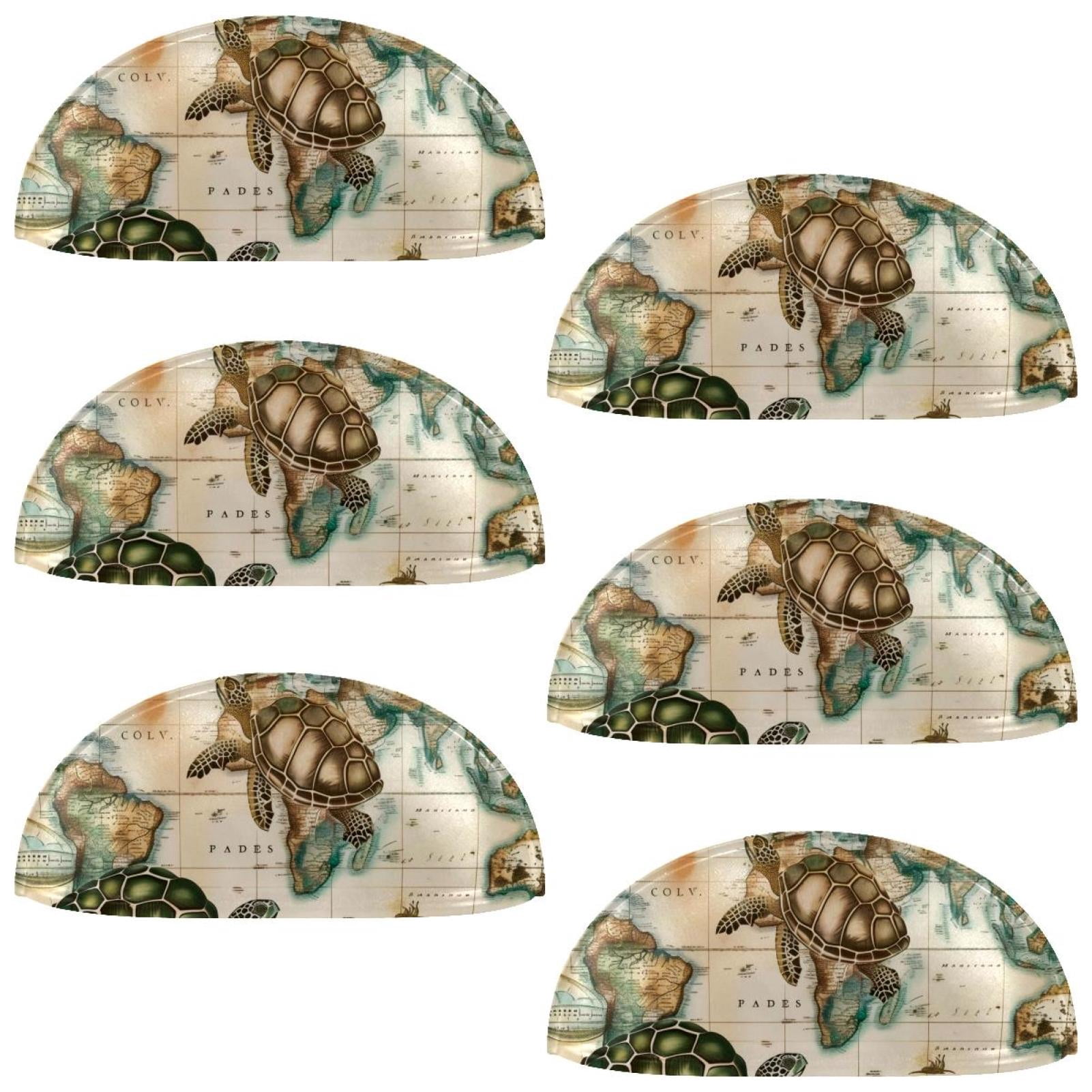 PhooArto 6 Pcs Cup Drawer Pulls, Vintage Map and Turtles Pattern Shell Shape Handles Cabinet Knobs for Dresser Cupboard Closet Wardrobe with Screws