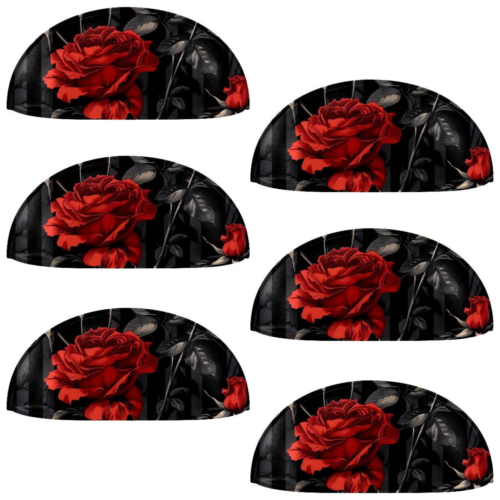 PhooArto 6 Pcs Cup Drawer Pulls, Vintage Red Rose Pattern Shell Shape Handles Cabinet Knobs for Dresser Cupboard Closet Wardrobe with Screws