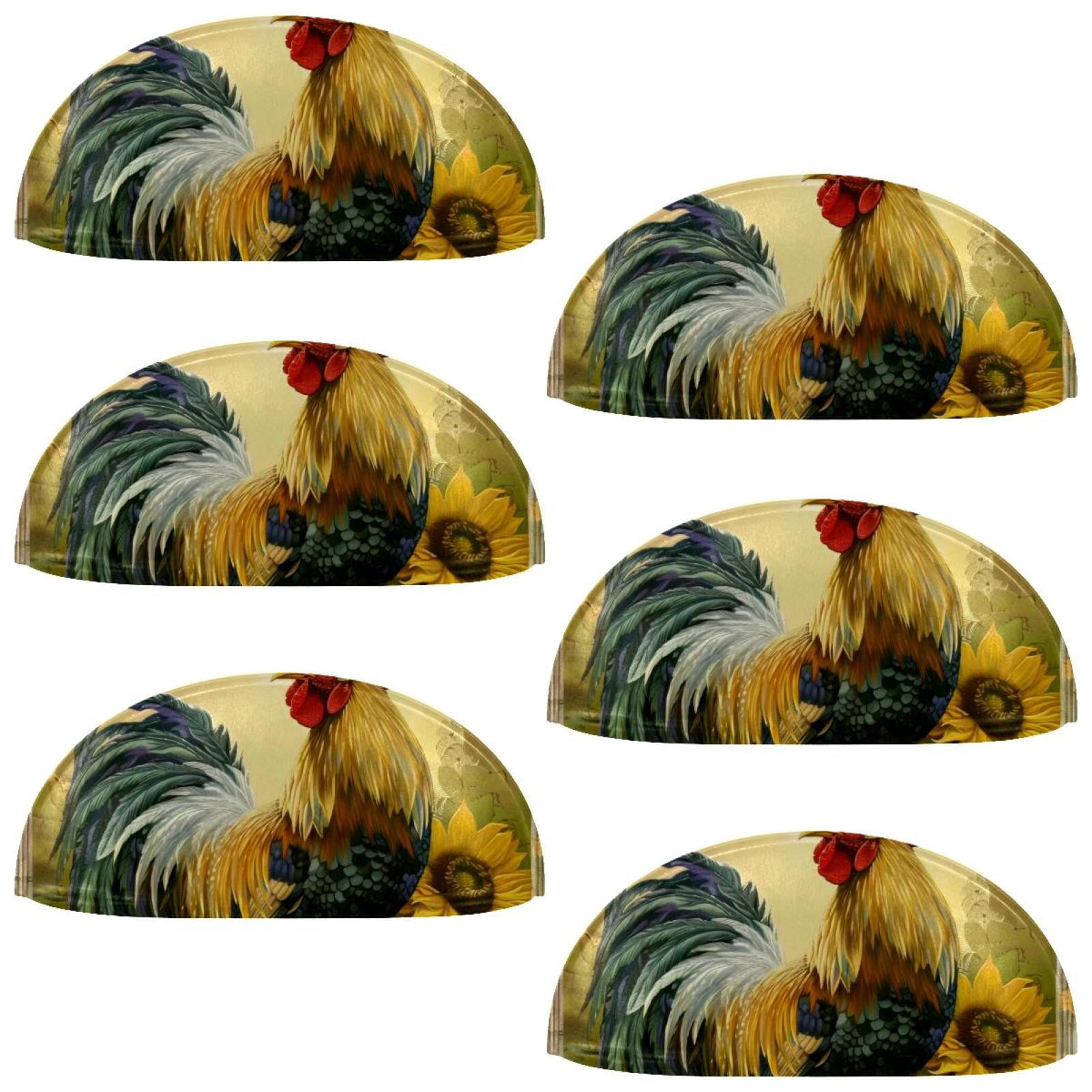 PhooArto 6 Pcs Cup Drawer Pulls, Vintage Rooster Sunflower Art Pattern Shell Shape Handles Cabinet Knobs for Dresser Cupboard Closet Wardrobe with Screws