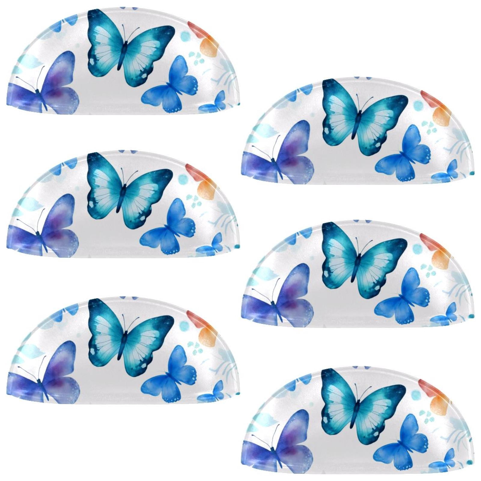 PhooArto 6 Pcs Cup Drawer Pulls, Watercolor Blue Butterflies Silhouette Shell Shape Handles Cabinet Knobs for Dresser Cupboard Closet Wardrobe with Screws