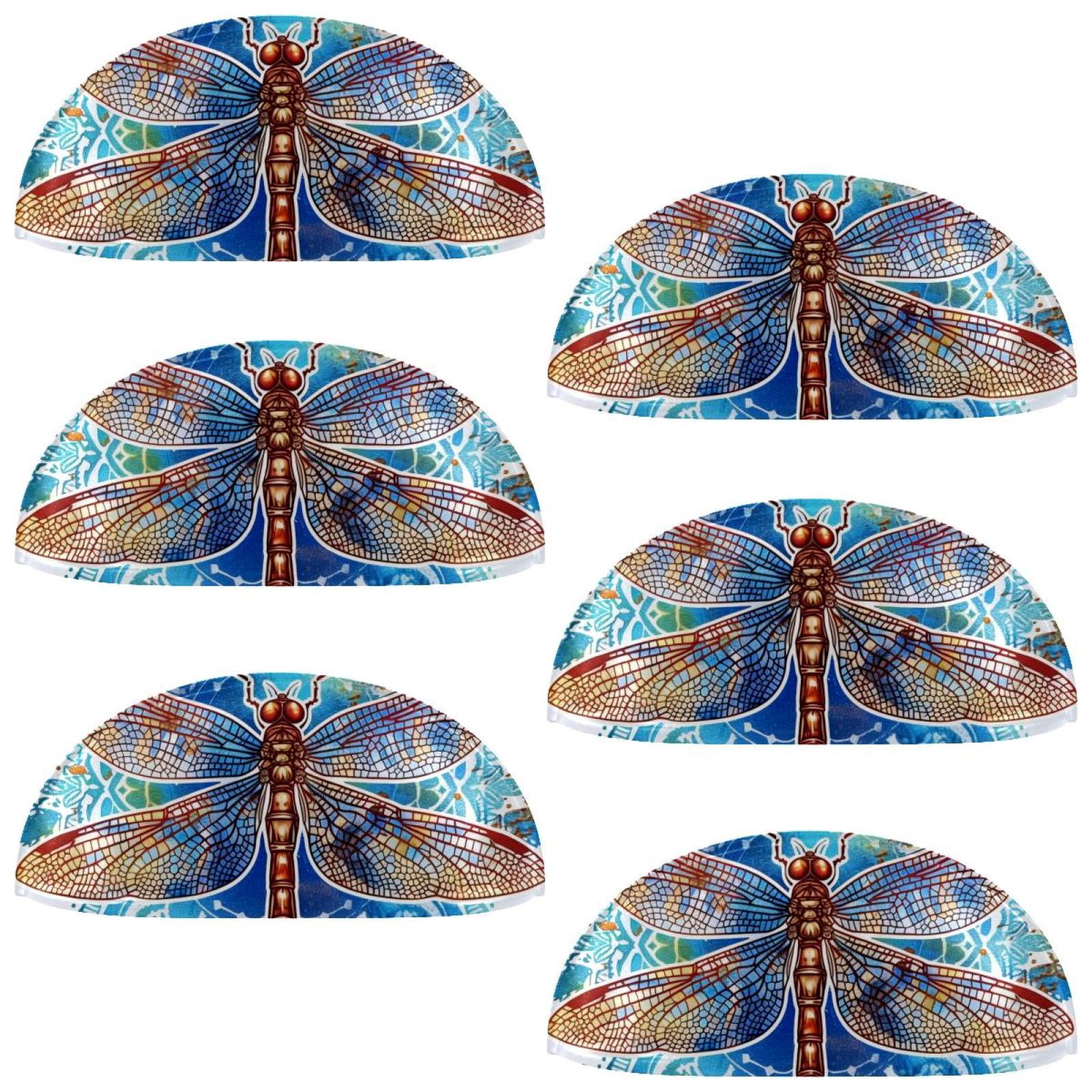 PhooArto 6 Pcs Cup Drawer Pulls, Watercolor Blue Dragonfly Flowers Shell Shape Handles Cabinet Knobs for Dresser Cupboard Closet Wardrobe with Screws