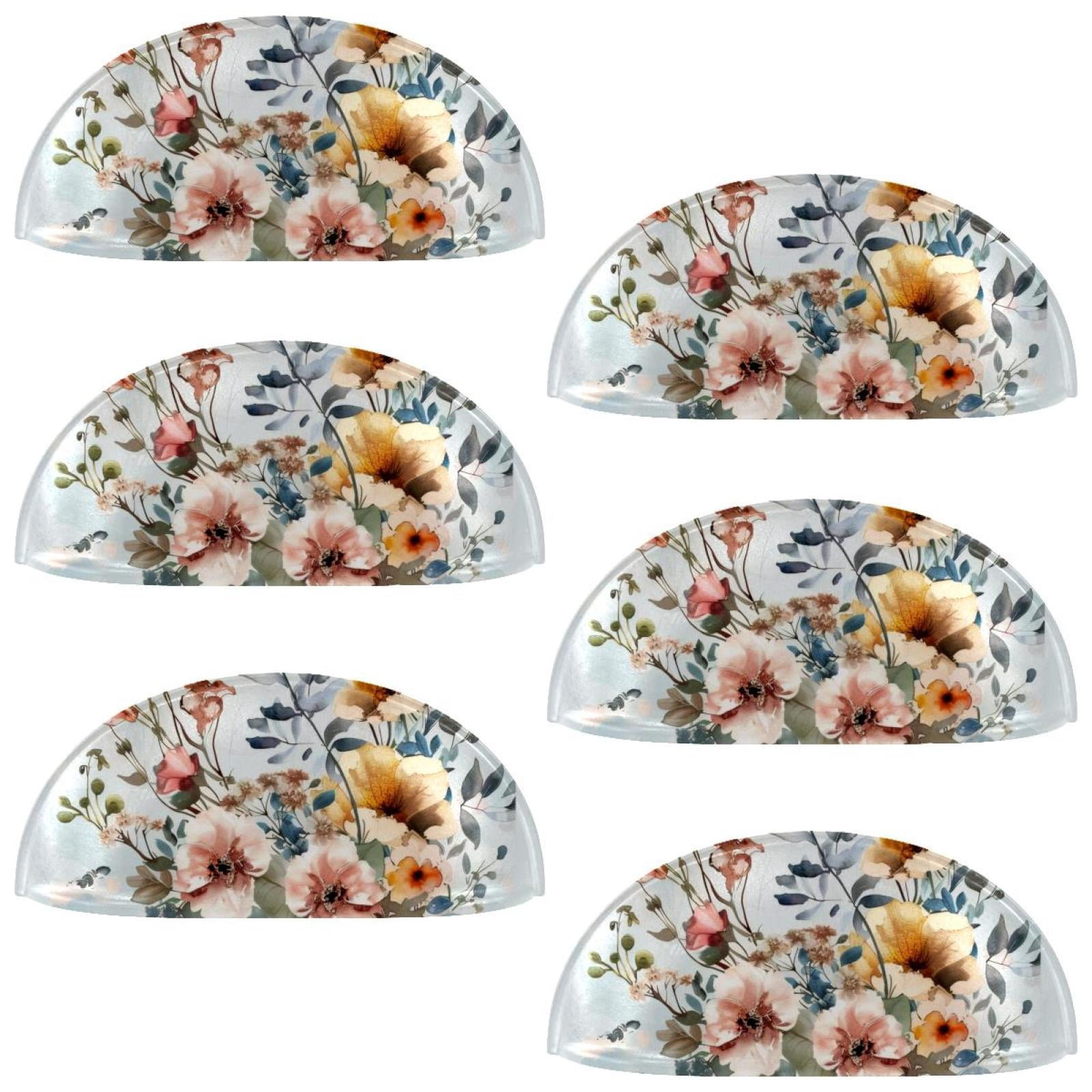 PhooArto 6 Pcs Cup Drawer Pulls, Watercolor Flowers Floral Shell Shape Handles Cabinet Knobs for Dresser Cupboard Closet Wardrobe with Screws