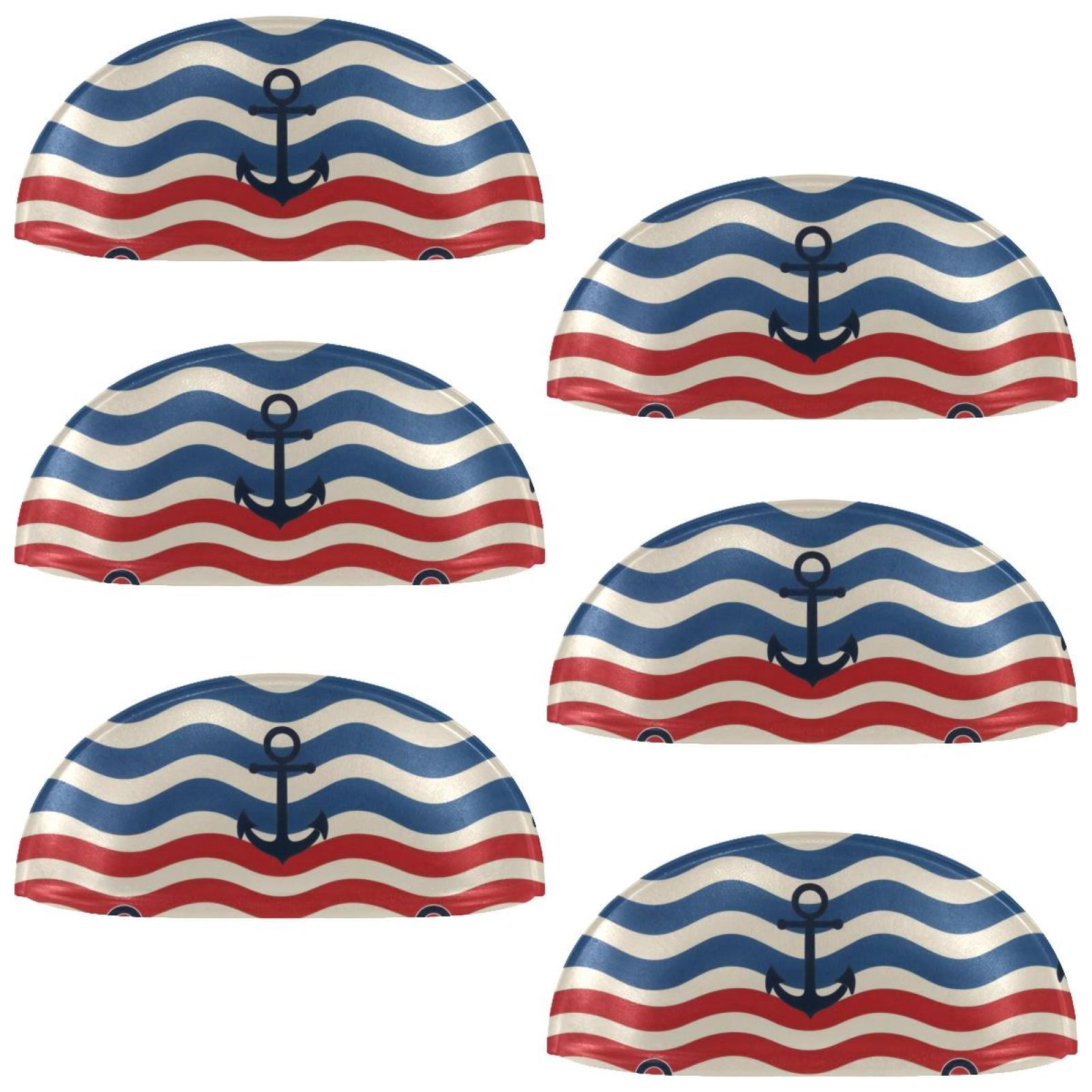PhooArto 6 Pcs Cup Drawer Pulls, Wave Stripes Blue Anchor Pattern Shell Shape Handles Cabinet Knobs for Dresser Cupboard Closet Wardrobe with Screws
