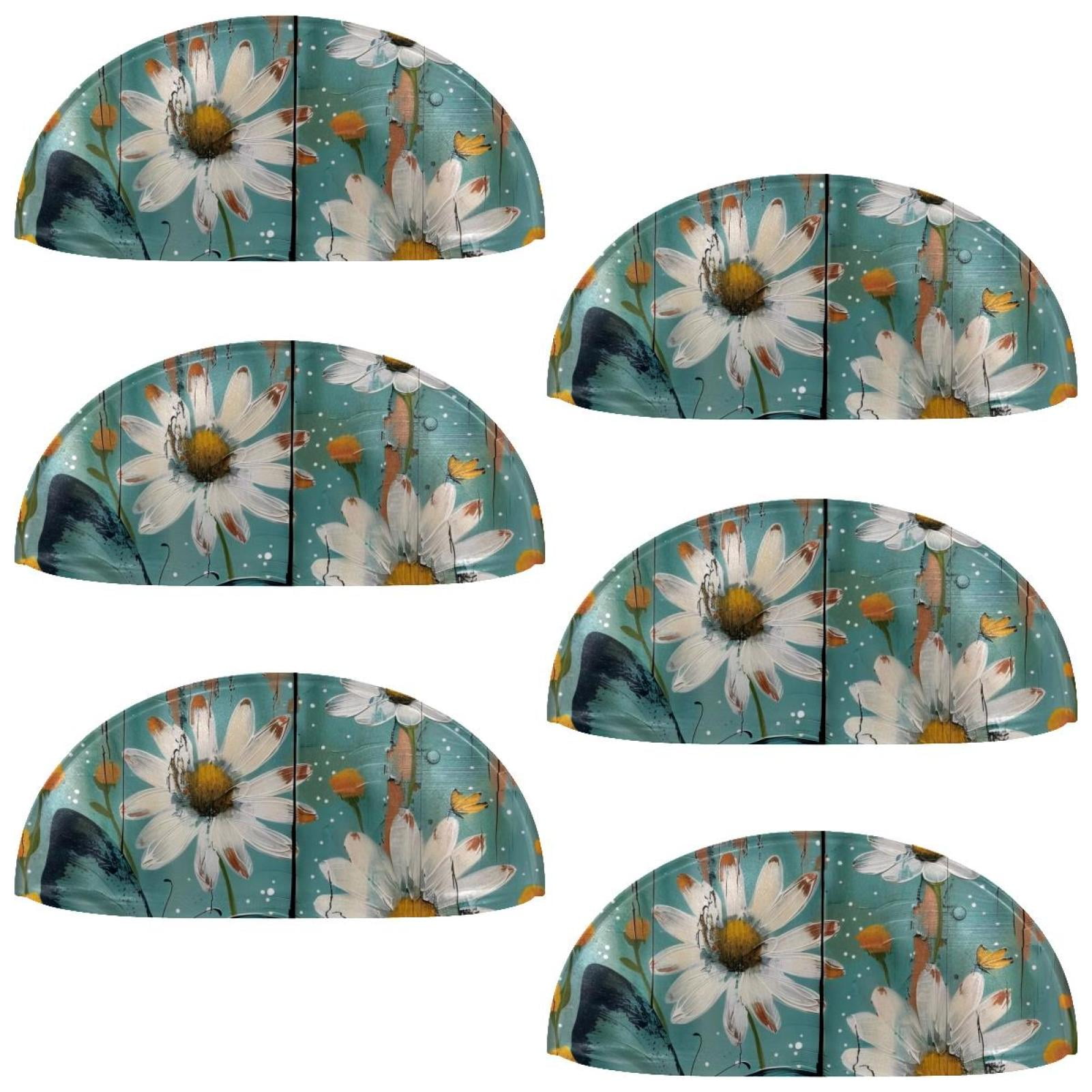 PhooArto 6 Pcs Cup Drawer Pulls, Wooden Board Teal Daisy Butterfly Pattern Shell Shape Handles Cabinet Knobs for Dresser Cupboard Closet Wardrobe with Screws